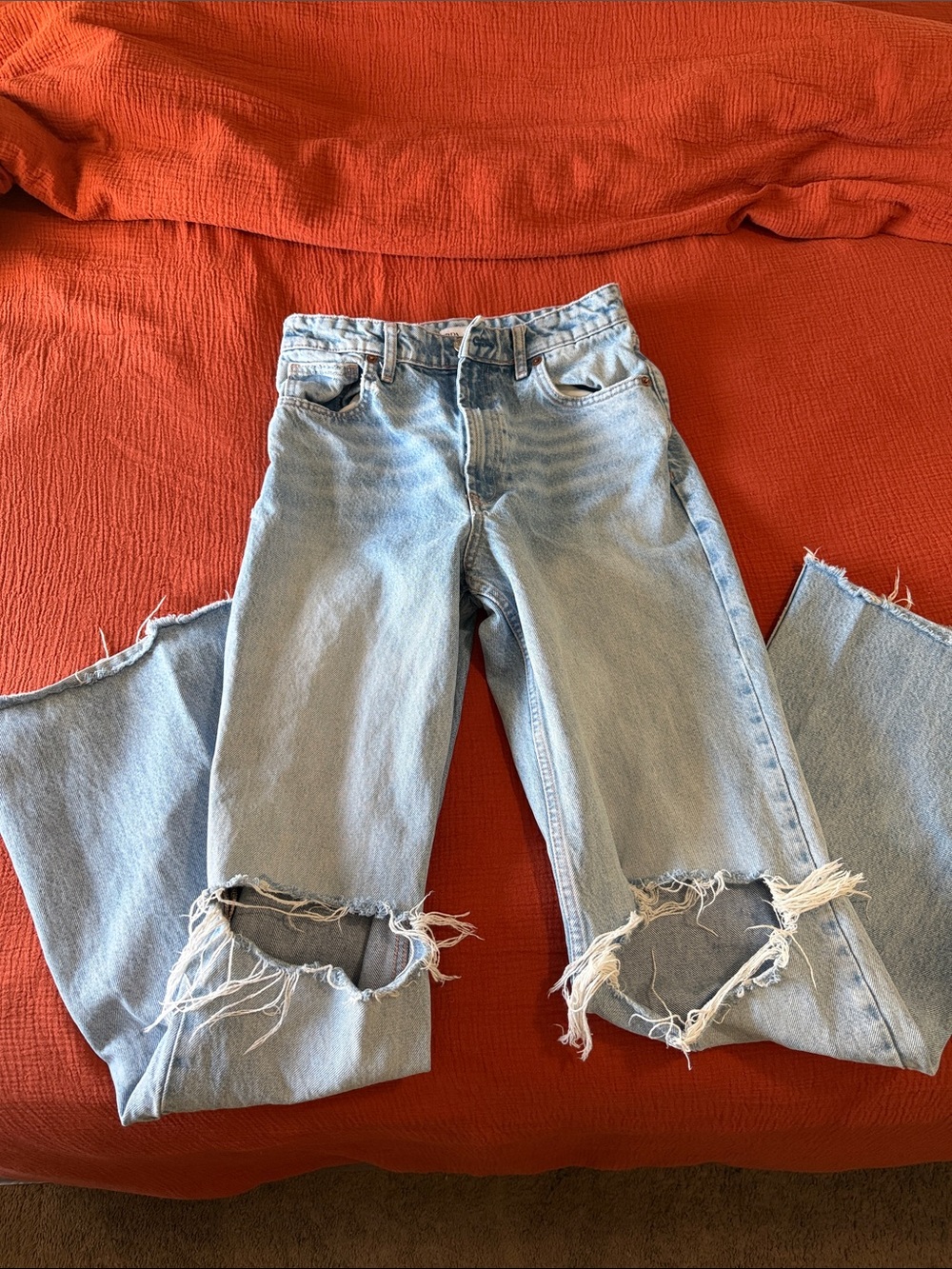 Zara Light Blue Ripped Straight Leg Jeans